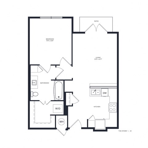 Floor plan for 1 bed, 1 bath, 674 sqft